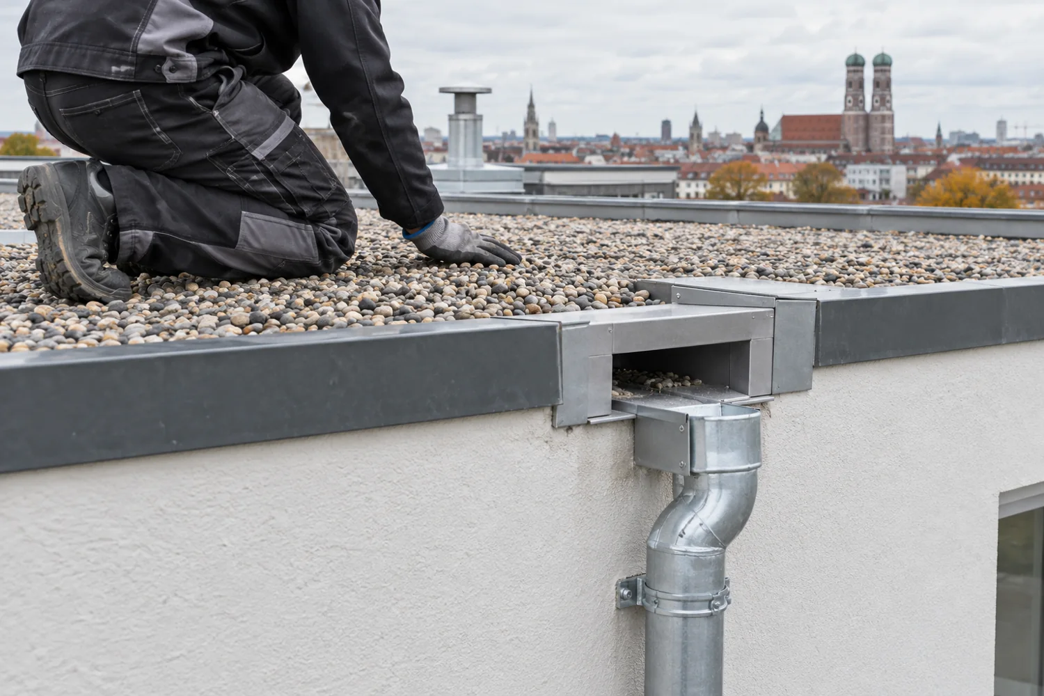 Flachdachrand mit Dachablauf und Fallrohr in München
