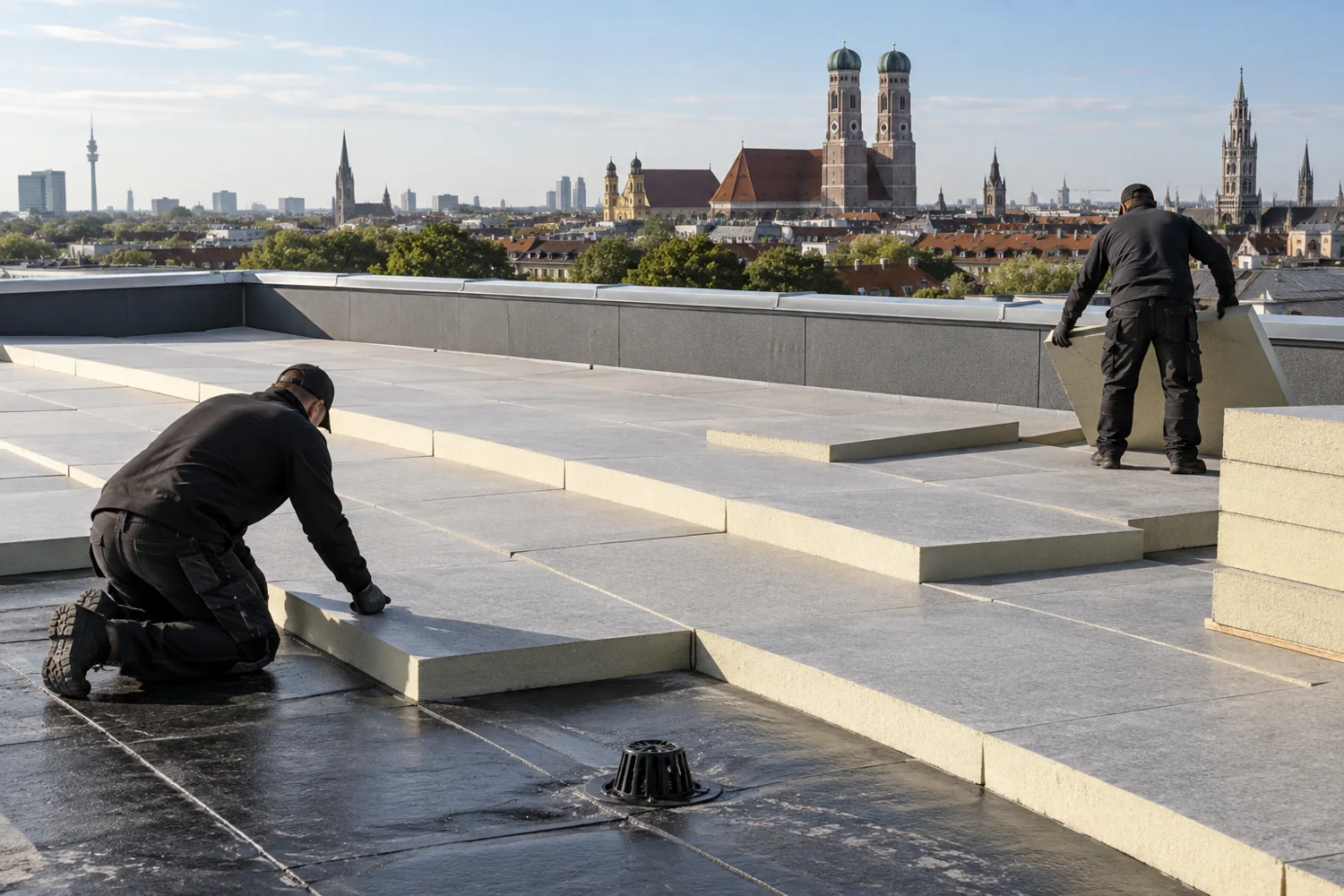 Verlegung von Gefälledämmplatten auf einem Flachdach in München