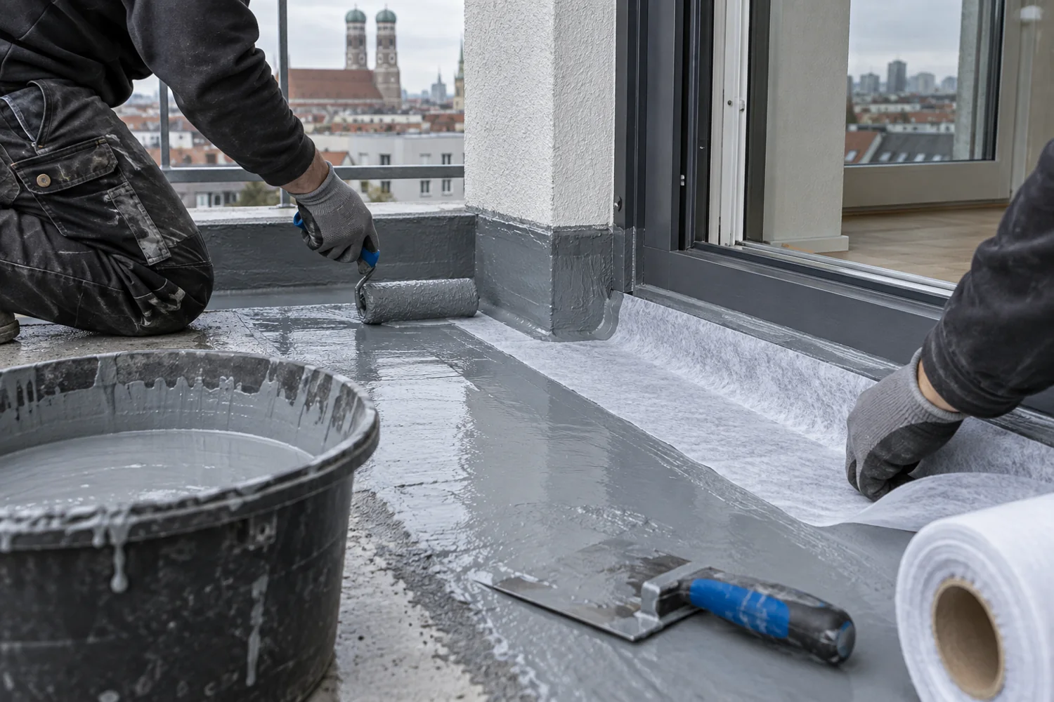 Flüssigabdichtung mit Vlies am Balkon-Türanschluss in München
