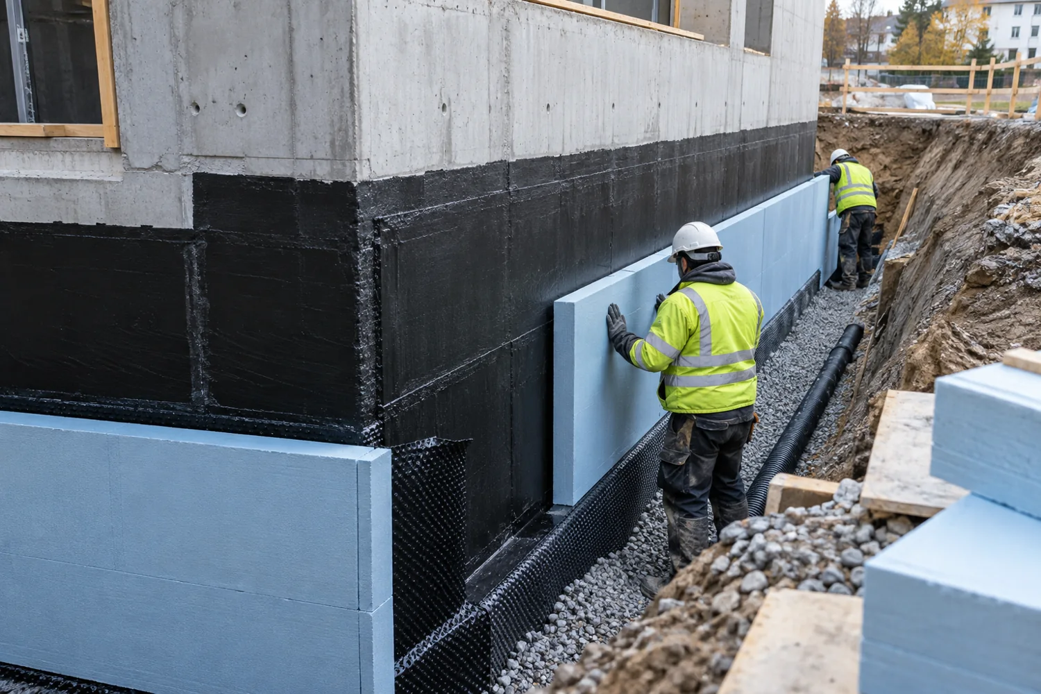 Außenabdichtung einer Kellerwand auf einer Baustelle in München