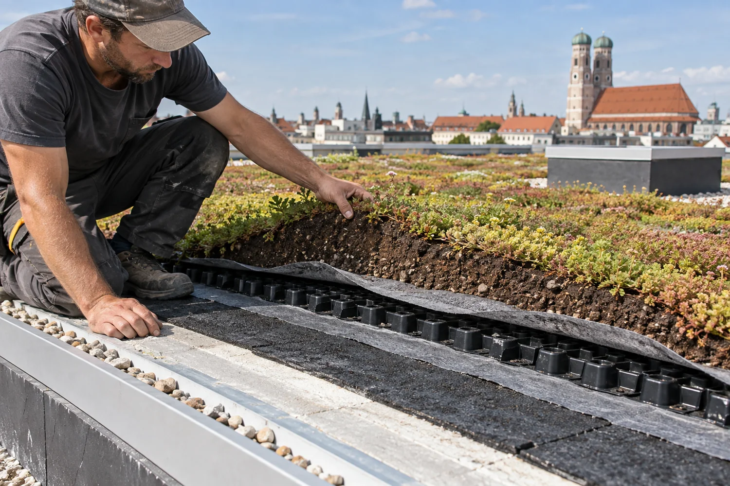Dachbegrünung mit Drainageschicht auf einem Flachdach in München