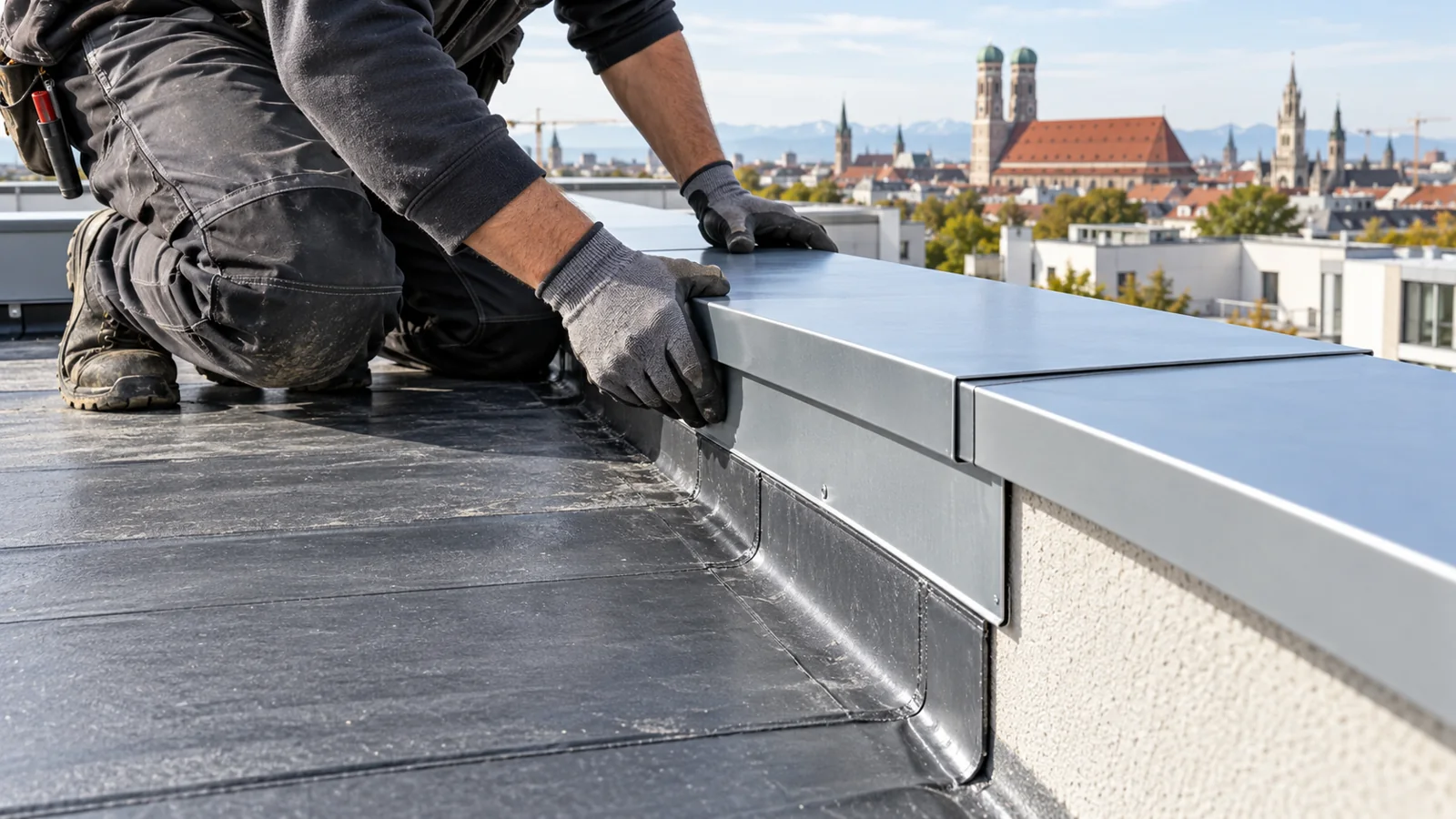 Handwerker montiert Blechabdeckung an einer Flachdach-Attika in München